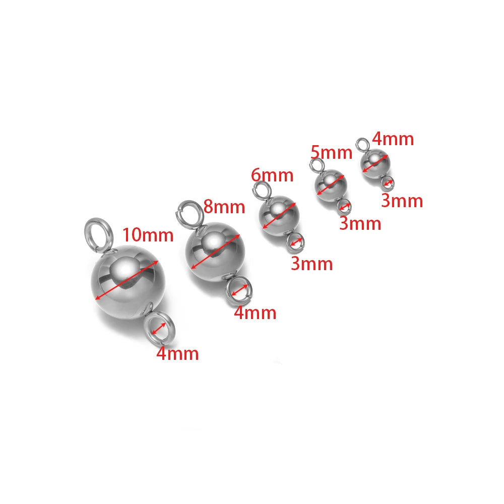 Silver plated ball charms size diagram with loops, solid spheres labeled 3–10mm
