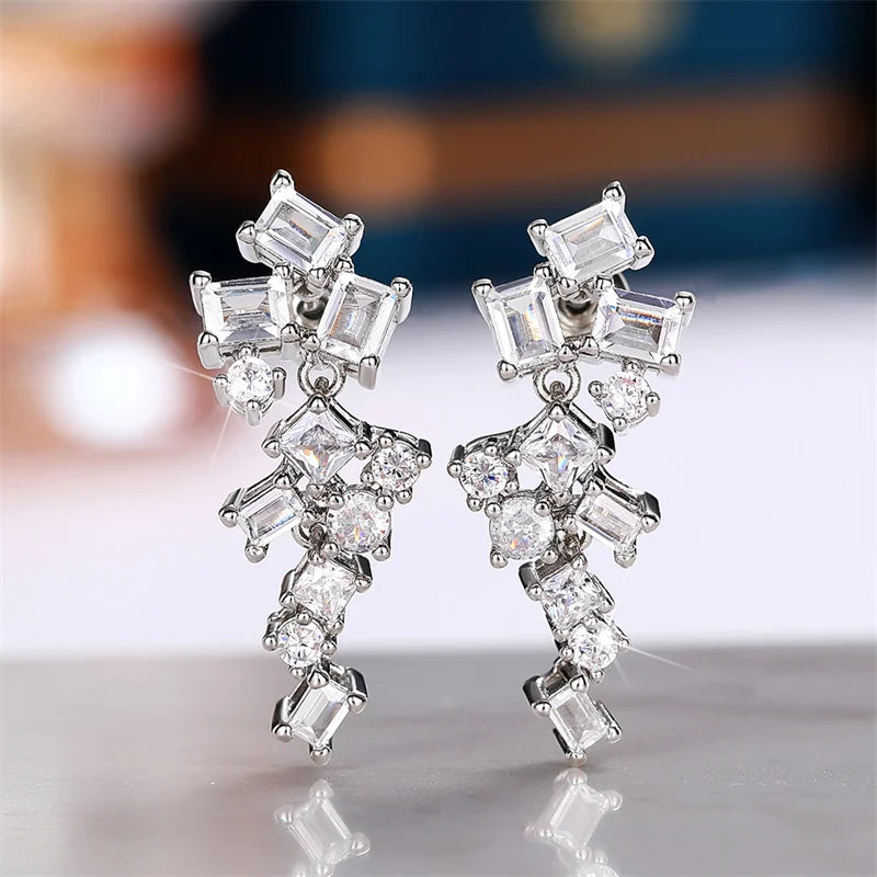 Silver-tone cubic zircon geometric dangle earrings with clustered square crystals