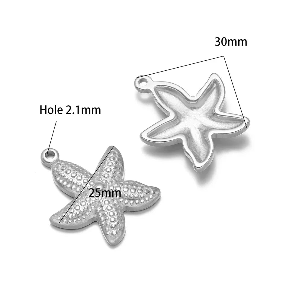 Silver starfish pendant charms set with top loop; textured starfish detail