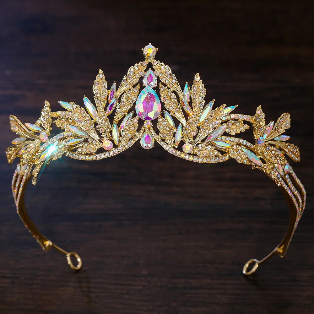 Gold rhinestone tiara headband with iridescent rainbow teardrop center and multicolor stones