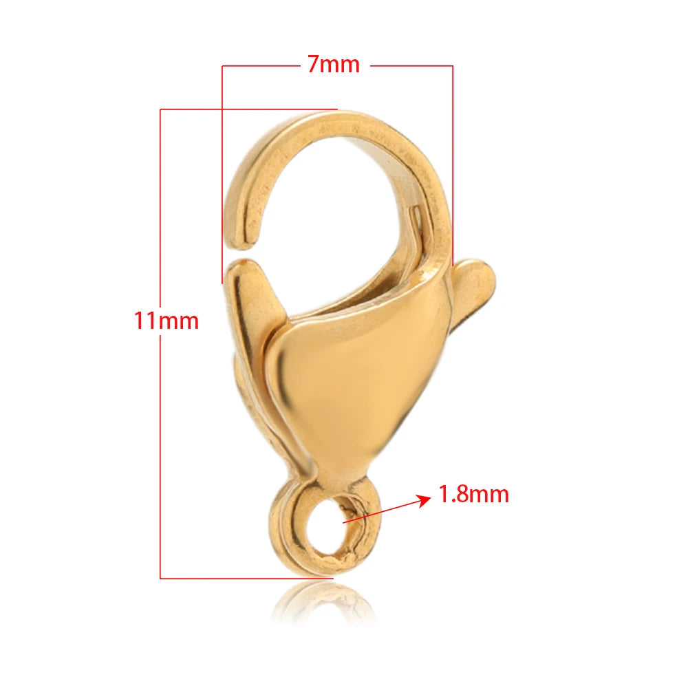 Gold lobster clasp hook connector, 11mm x 7mm opening, 1.8mm pin