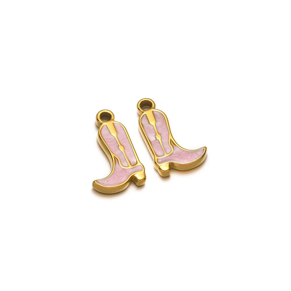 Gold-tone long boot charms with pink enamel outline and top hanging loops
