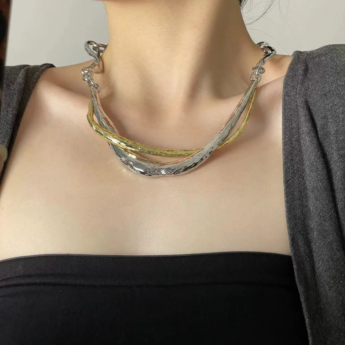 Big Luxury Women Retro Gold-plated Short Chunky Necklace Thick Chain Splicing Metal Choker Jewelry