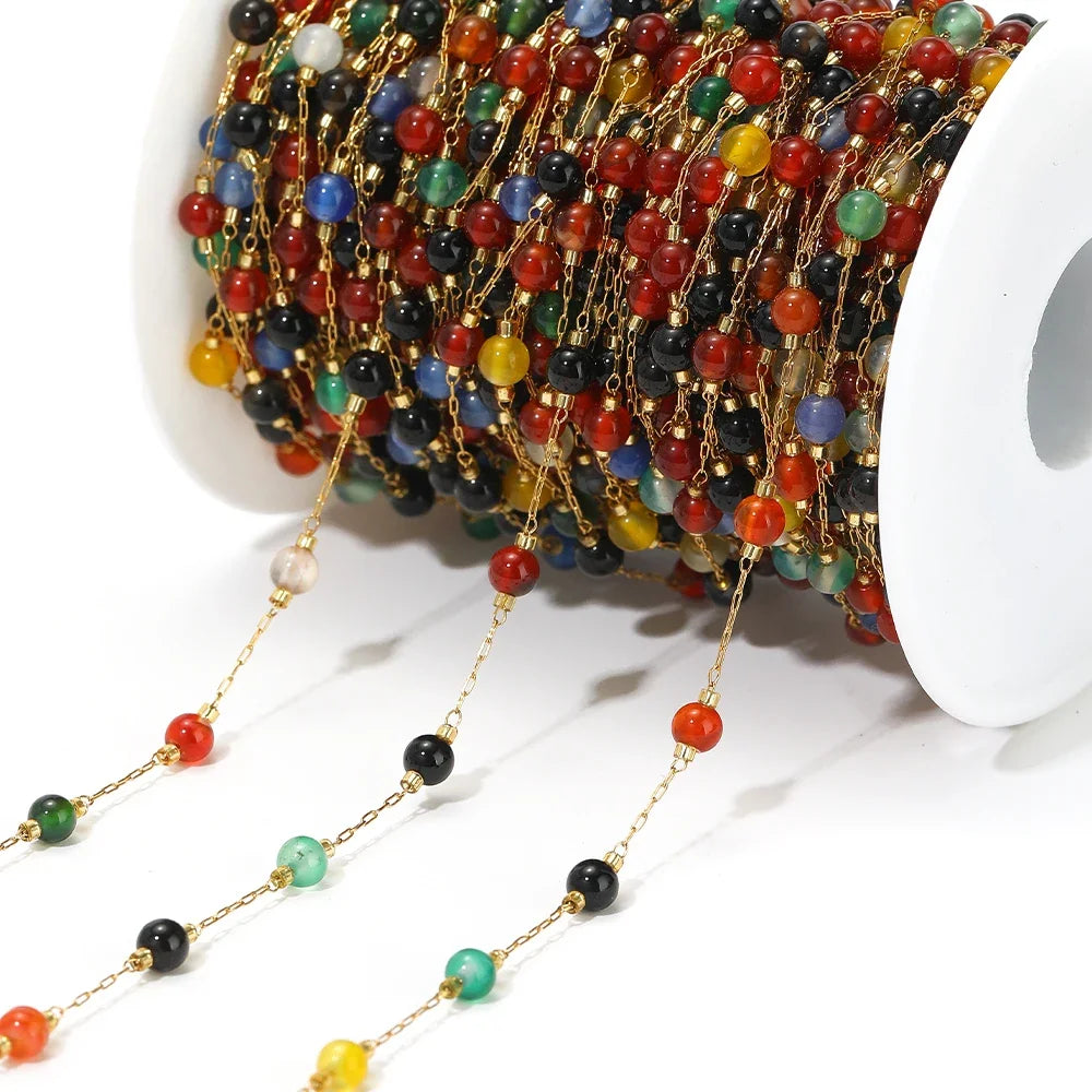 Multicolor bead chain with gold-tone links and round beads in red, green, blue, black