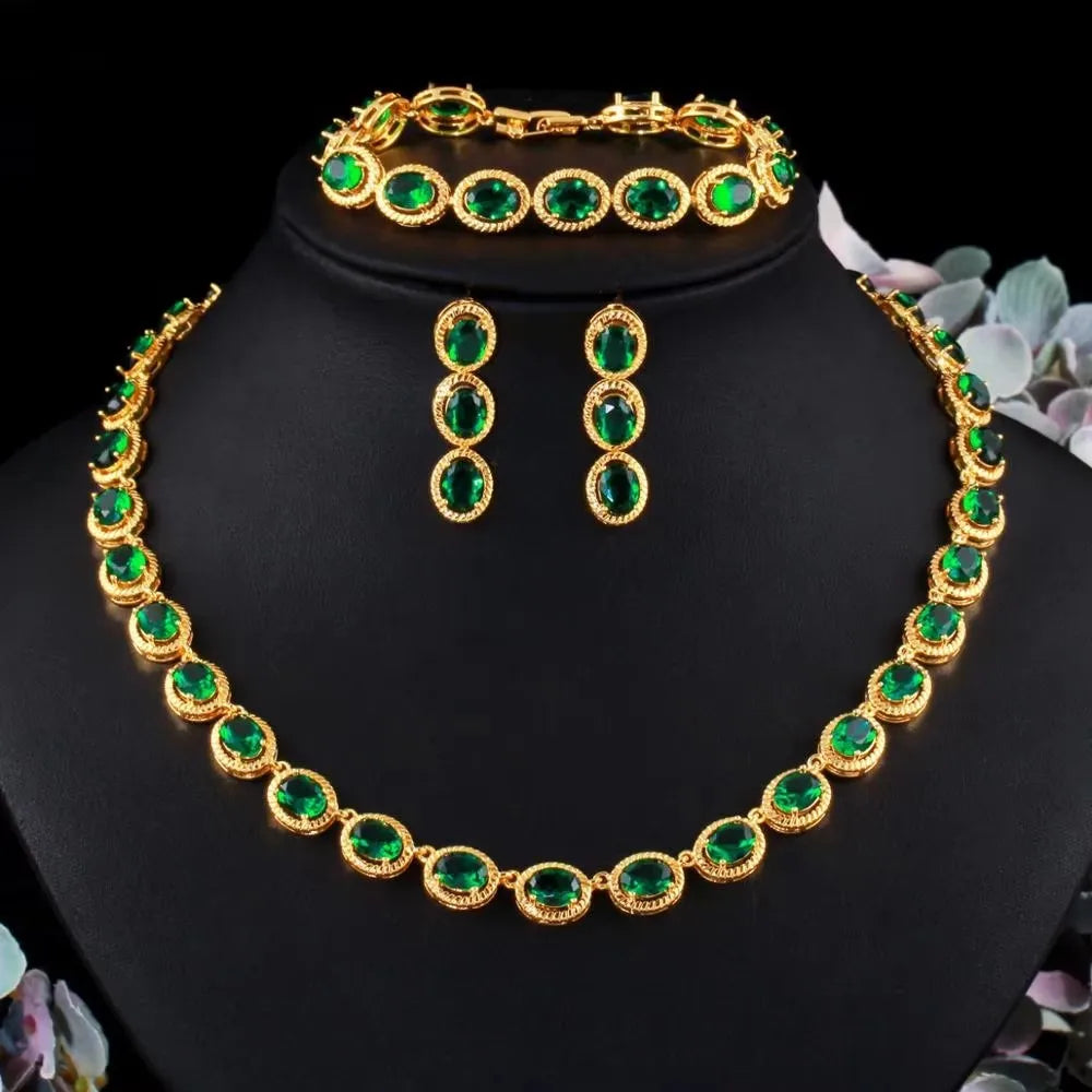 Gold-tone oval green zircon jewelry set with necklace, bracelet and drop earrings