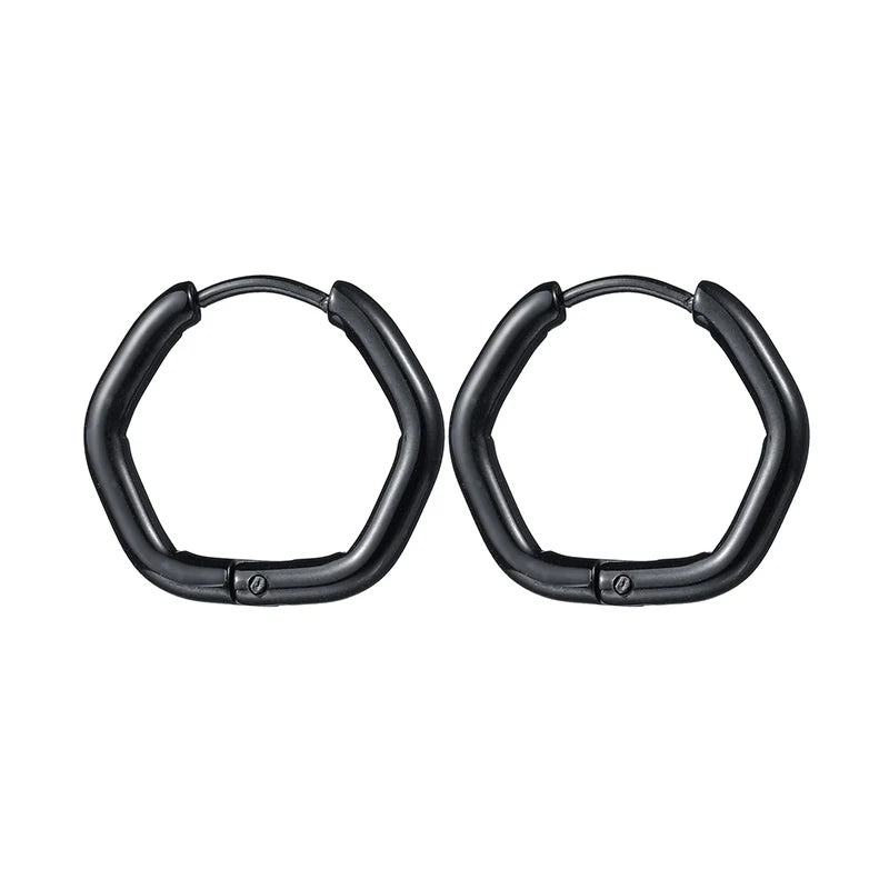 Black glossy hoop earrings with wide rounded-triangle shield outline, hinged clasp