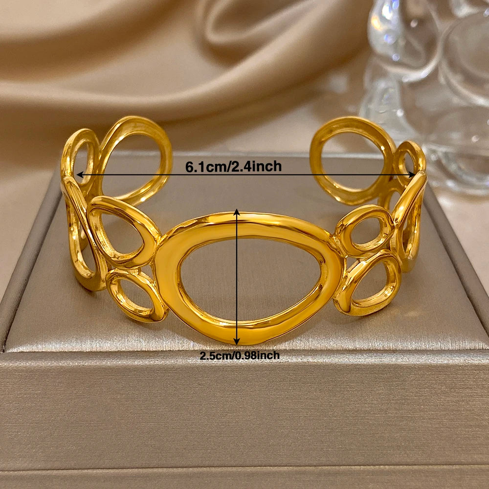 Irregular Geometric Hollow Circle Wide Bracelet Fashion Gold Plated Stainless Steel Cuff Bangle Bracelets Waterproof Jewelry