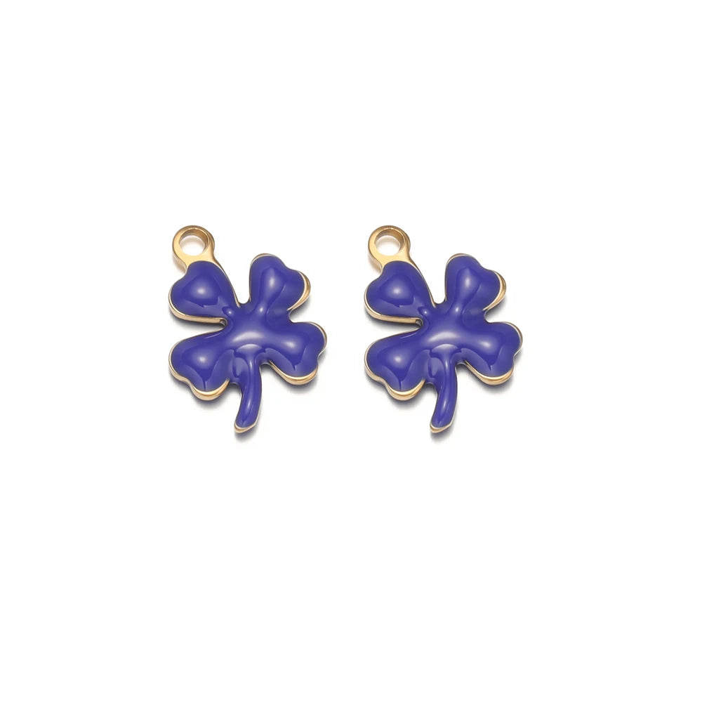 Dark blue enamel clover flower charms with gold-tone loop for DIY jewelry making