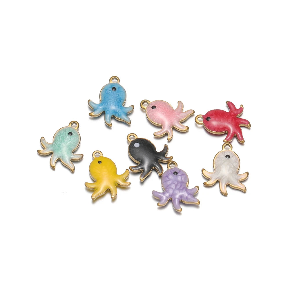 Mixed-color enamel octopus charms with gold-tone loops, assorted sizes