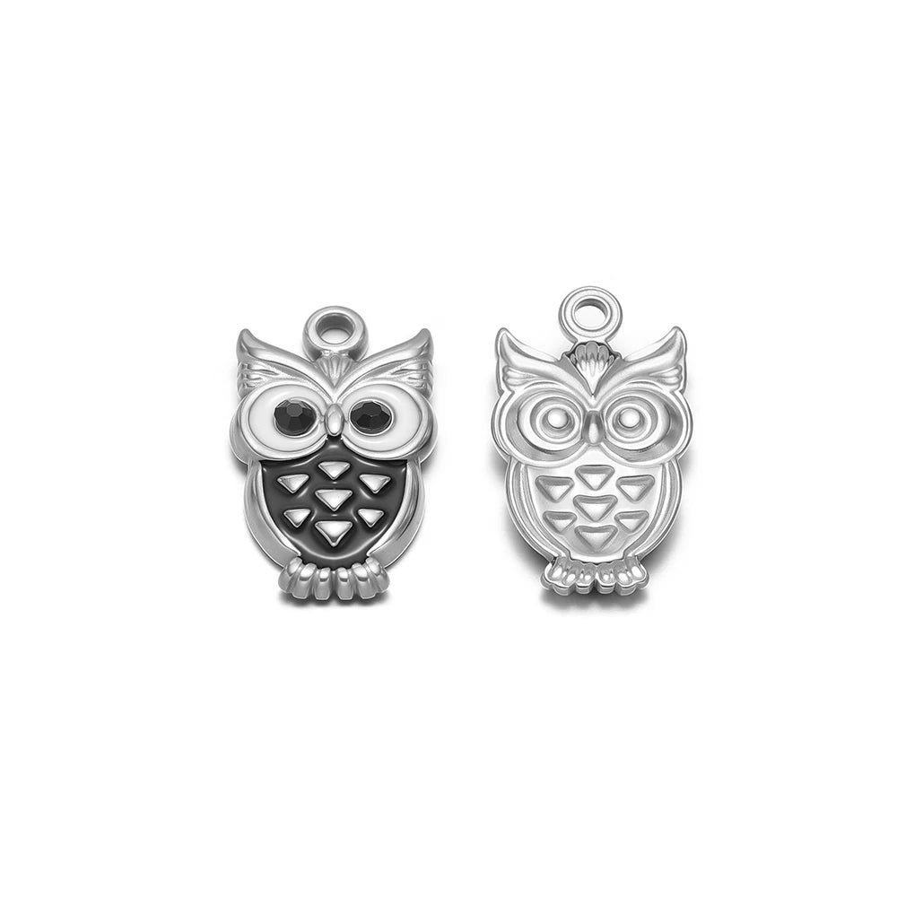 Silver-tone enamel owl charms, two pendants with engraved faces and top loops