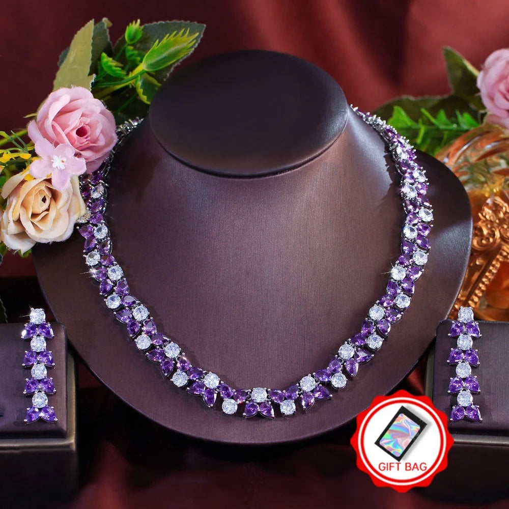 Purple zirconia leaf necklace and matching dangling earrings