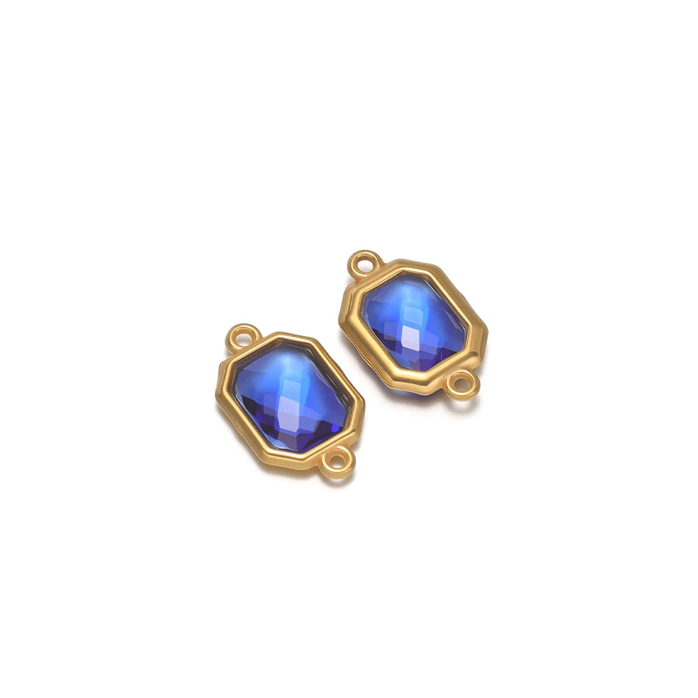 Blue faceted glass octagon charm connector with gold-tone loop, stainless steel