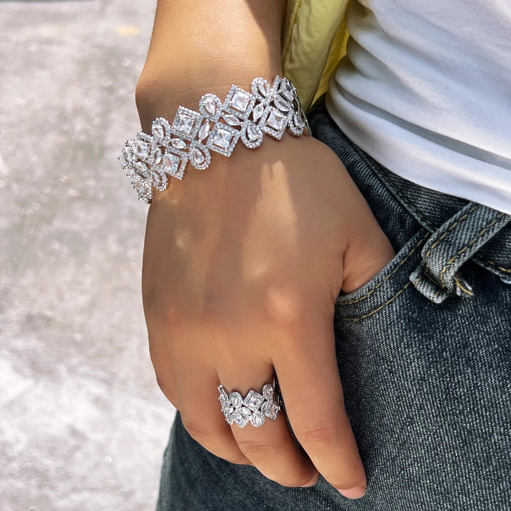 Open cuff cubic zirconia bracelet with matching ring, clear stones, silver-tone