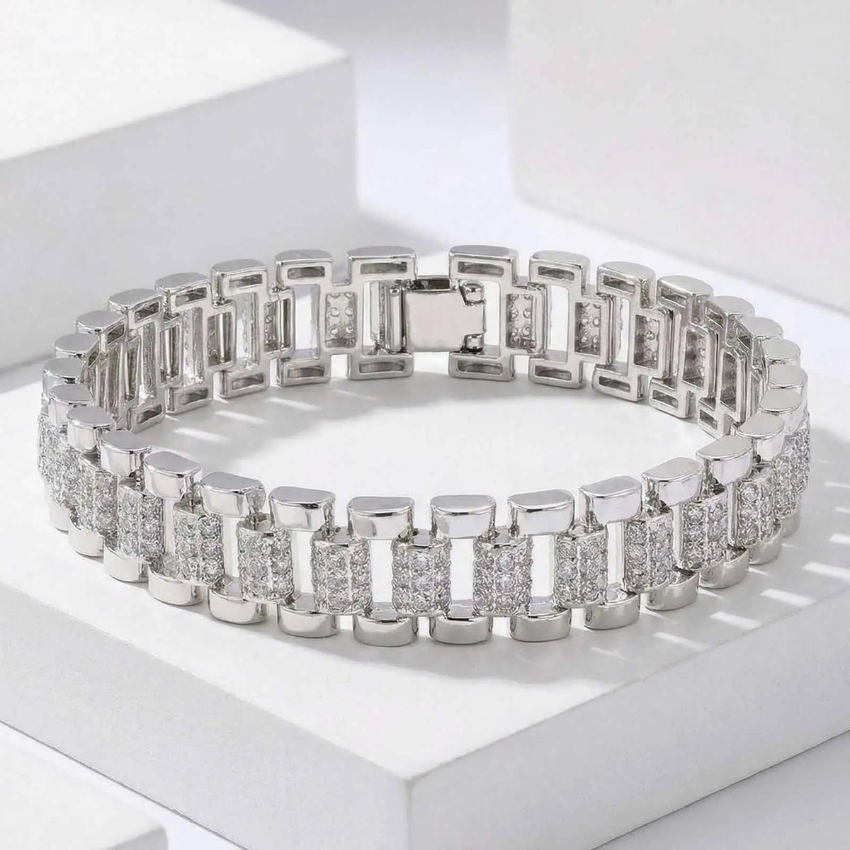 Silver-tone iced-out cubic zirconia bracelet with rectangular links and clasp