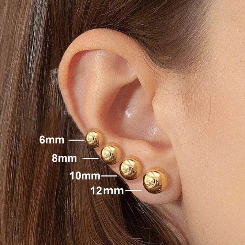 Gold-tone ball stud earrings shown in 6 mm, 8 mm, 10 mm, and 12 mm sizes