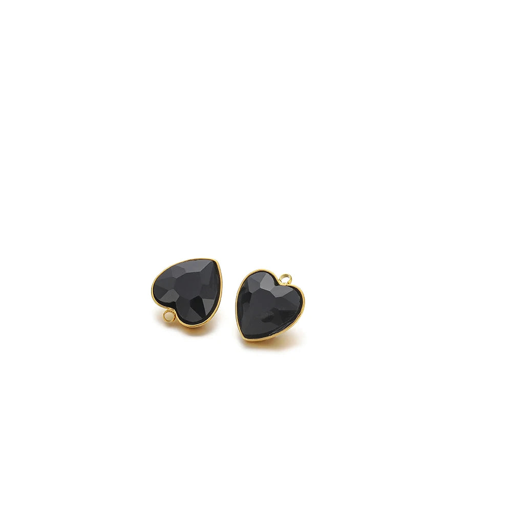 Heart-shaped crystal pendant charm, black stone with gold-tone loop bail