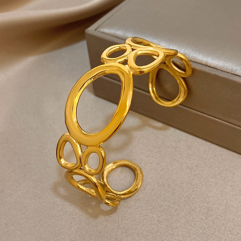 Irregular Geometric Hollow Circle Wide Bracelet Fashion Gold Plated Stainless Steel Cuff Bangle Bracelets Waterproof Jewelry