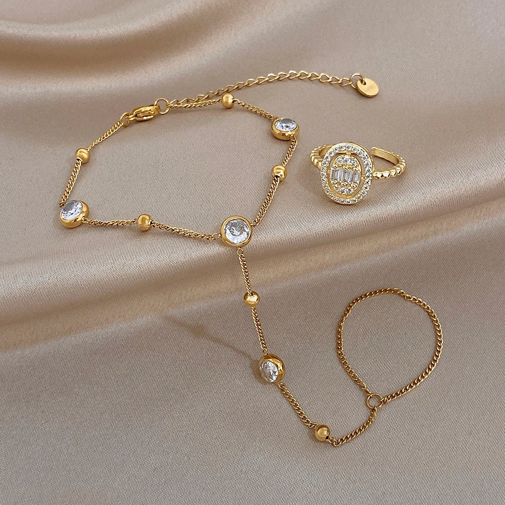 Gold-plated zircon bead chain bracelet and matching finger ring set