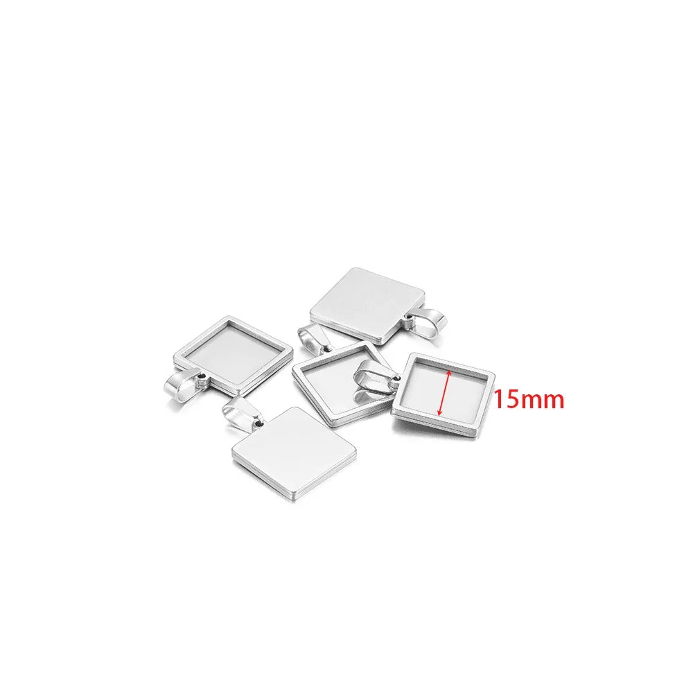 Silver square pendant cabochon base setting tray charms, 15mm size (5-pack)
