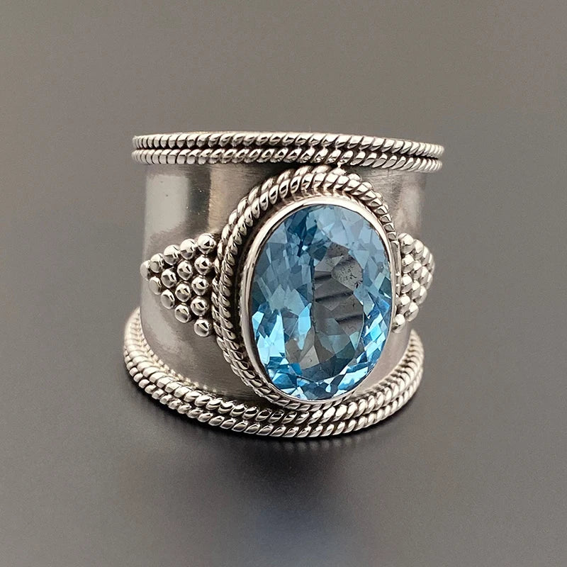 Silver Color Bright Blue Cubic Zirconia Wide Ring Luxury Party Jewelry m20