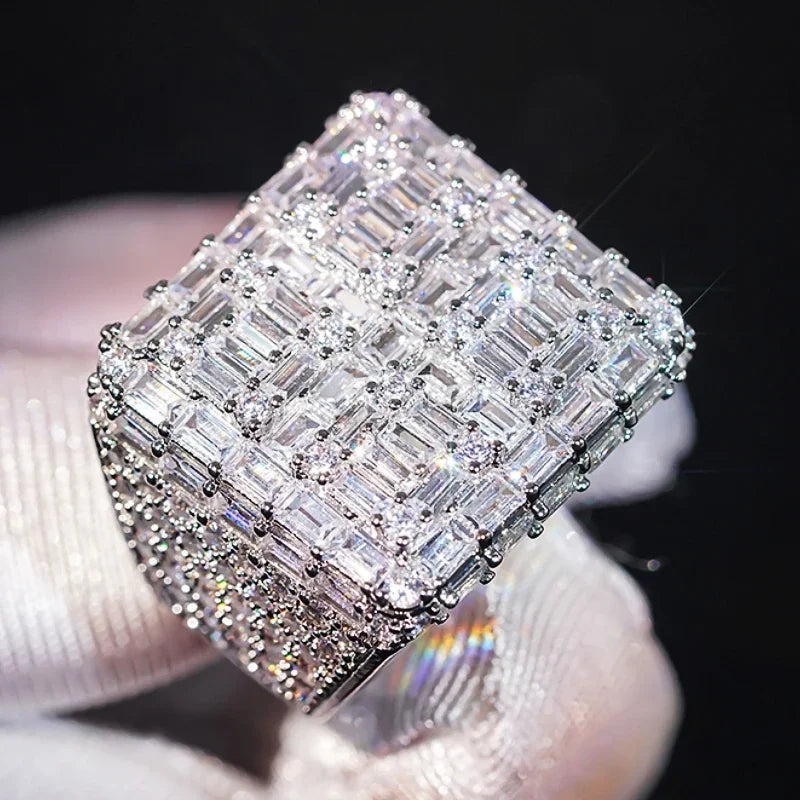 Geometric cushion-shaped ring with rectangular baguette cubic zirconia, silver-tone