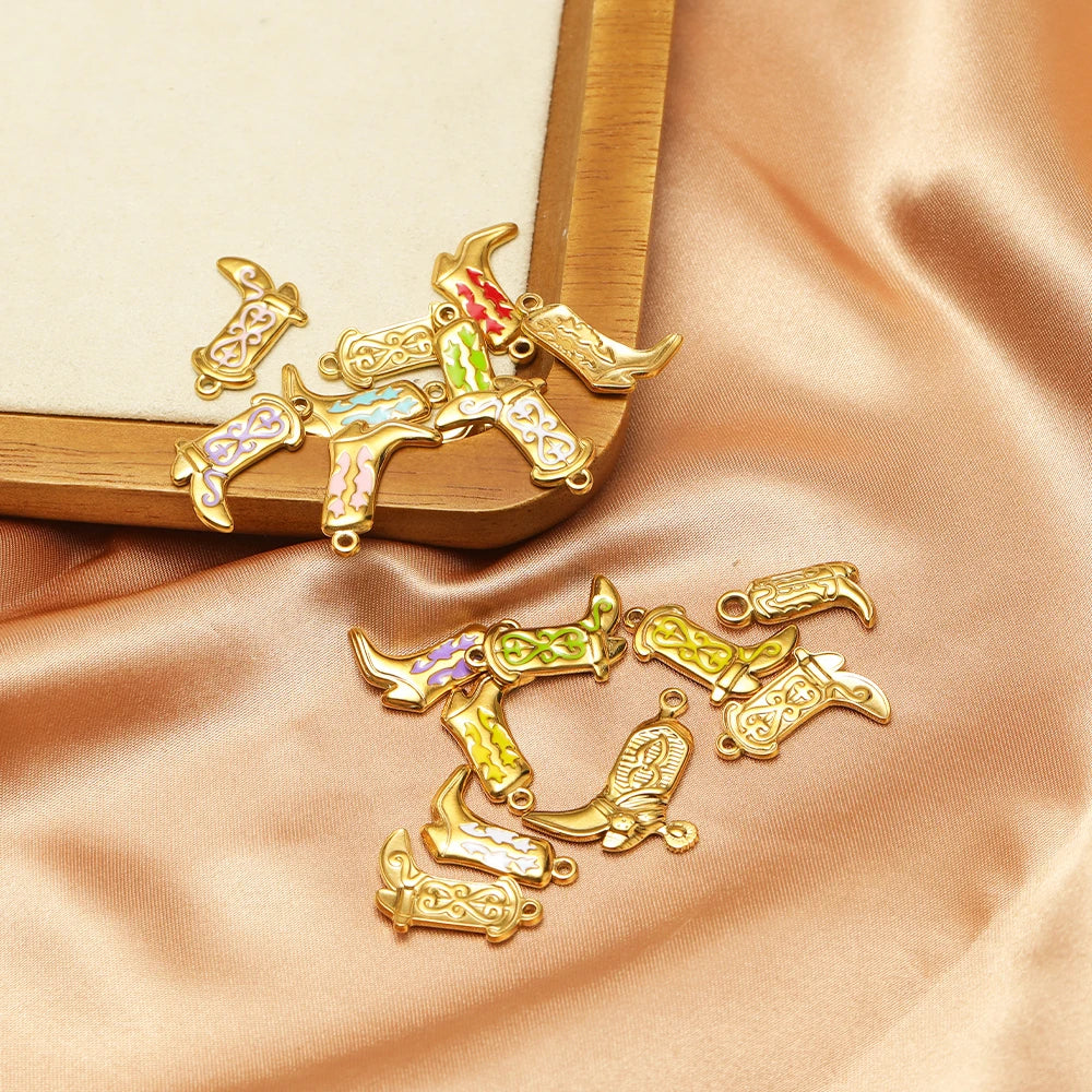 Gold-tone cowboy boot charms with colorful enamel, loop bails for DIY jewelry
