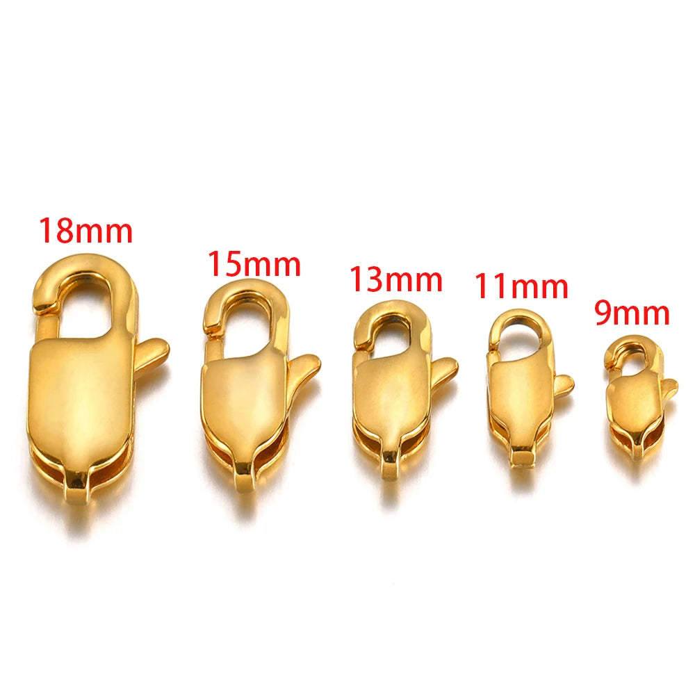 Gold rectangle lobster clasps in sizes 18mm, 15mm, 13mm, 11mm, 9mm