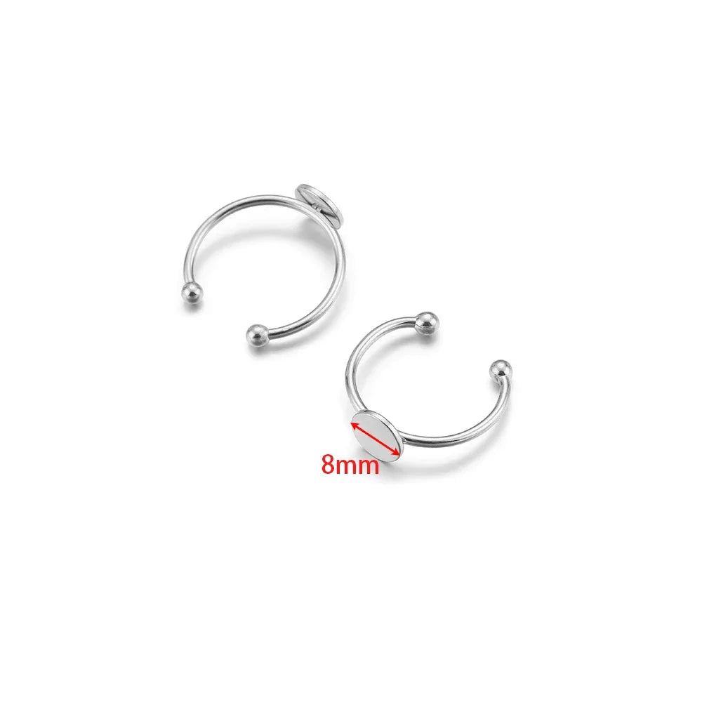 Silver-tone open hoop ring bezel settings with 8mm cabochon tray