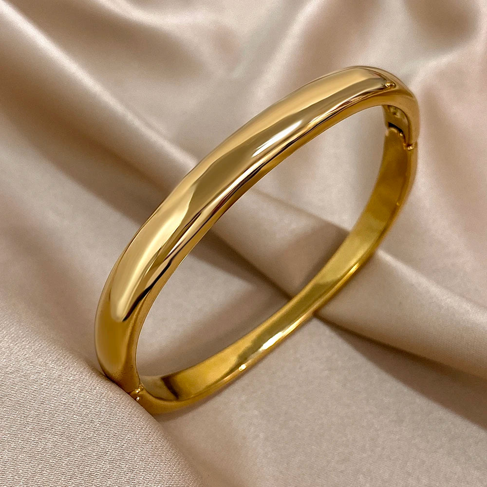 Fashion Gold Plated Stainless Steel Cuff Bangle Bracelets for Women Glossy Simple Square Chunky Bracelet Waterproof Jewelry