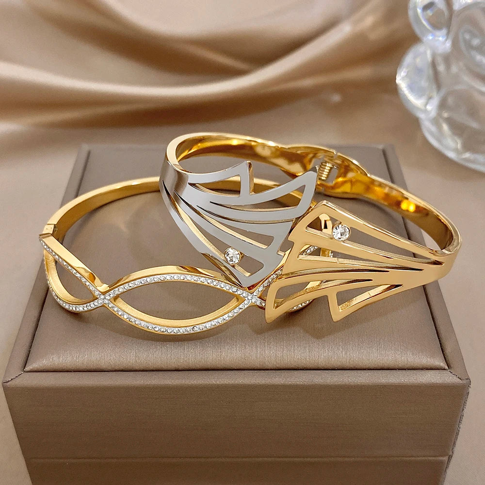 Irregular Gold Plated Stainless Steel Cuff Bangle for Women Exaggerated Geometric Zircon Wide Bracelets Waterproof Jewelry Set