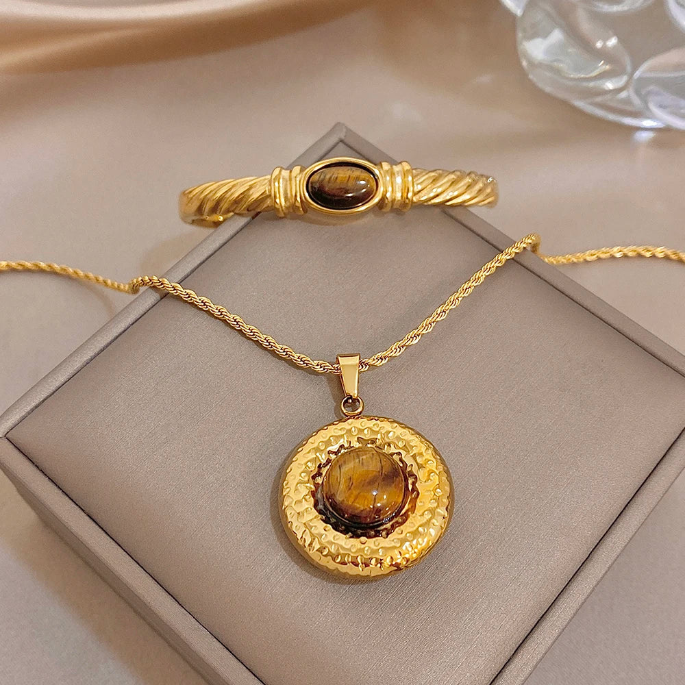 Vintage Stone Twisted Cuff Bangle Necklace for Women Chic Gold Plated Stainless Steel Bracelet Necklaces Waterproof Jewelry
