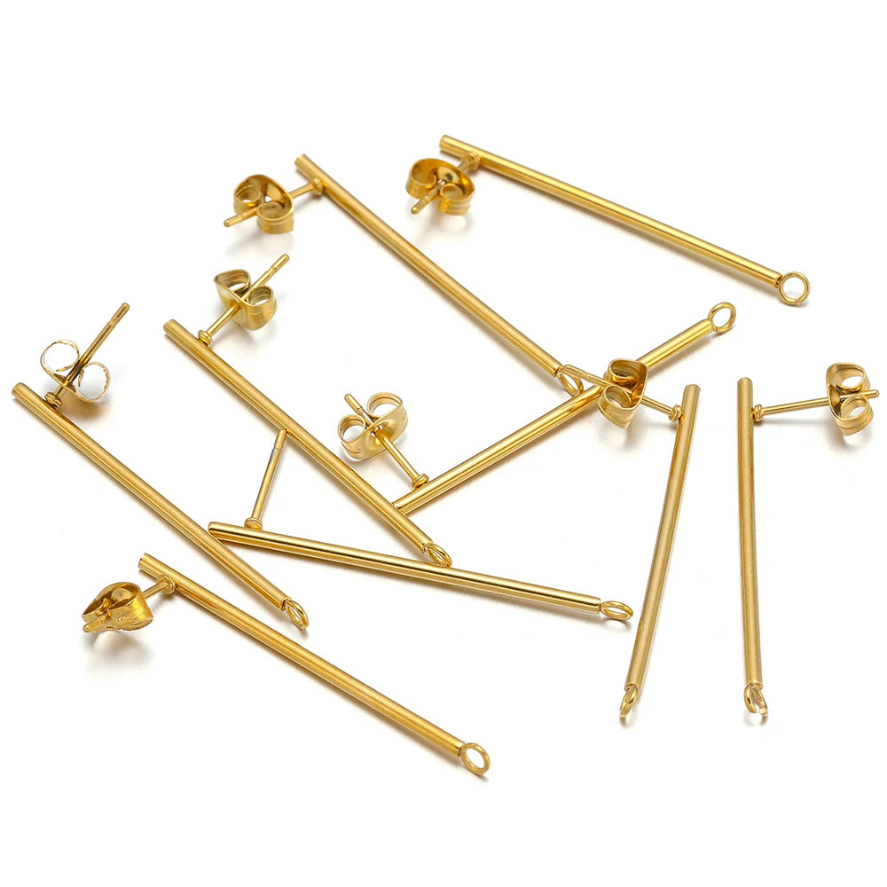 Gold long stick earring stud connectors and loops for DIY jewelry making