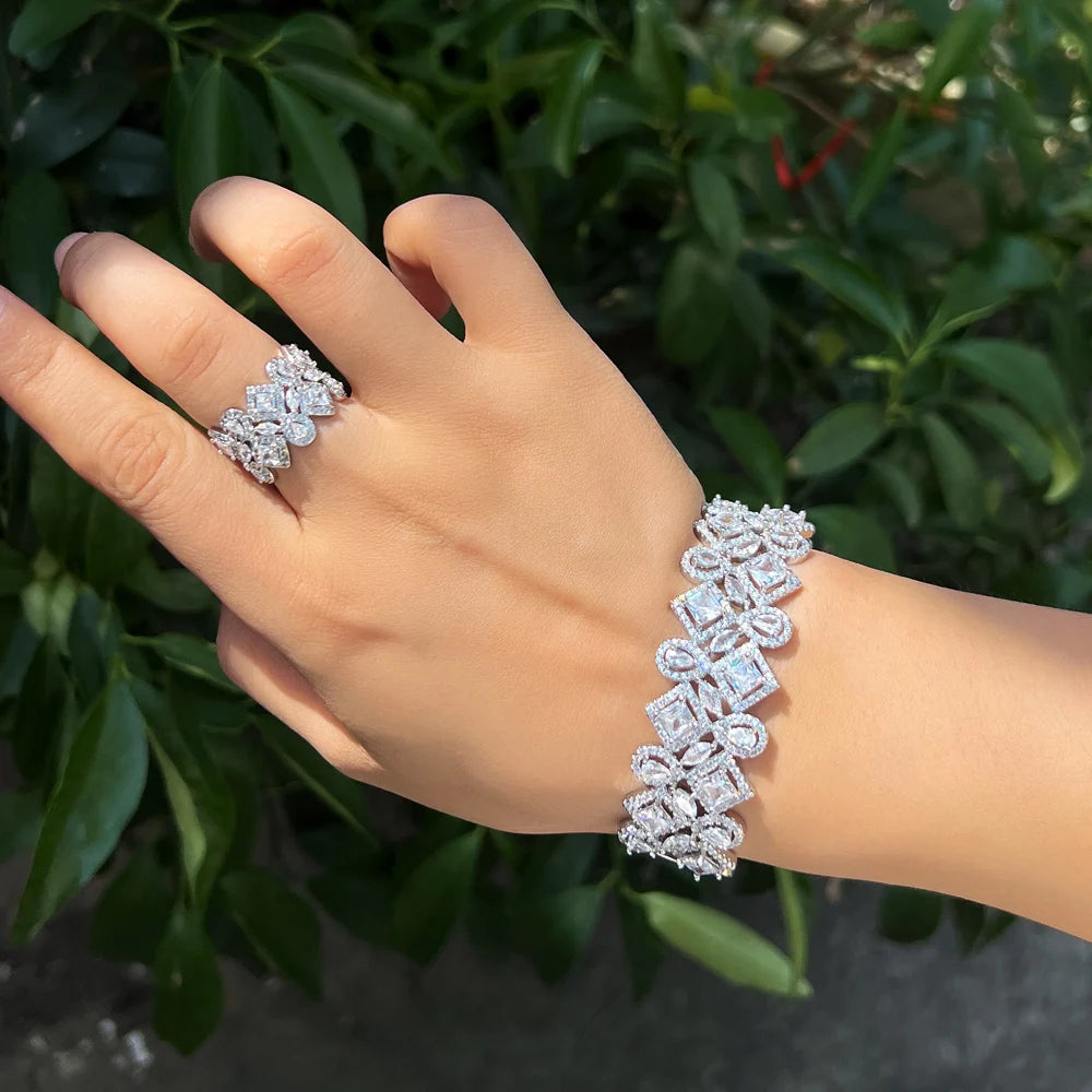 Cubic zirconia open cuff bracelet and flower-style ring set, clear stones, silver-tone