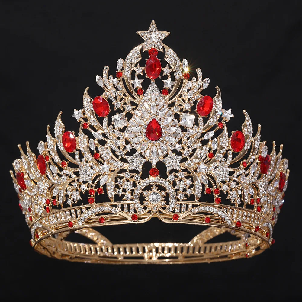 Gold-tone crystal bridal tiara with red gem accents and starburst top centerpiece