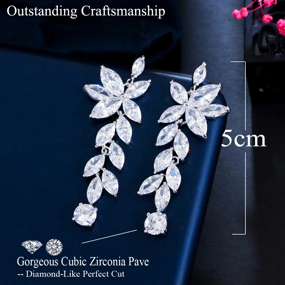 Bling Bling CZ Silver Plated Flower Leaf Shaped Long Dangle Earrings For Women Fashion Jewelry