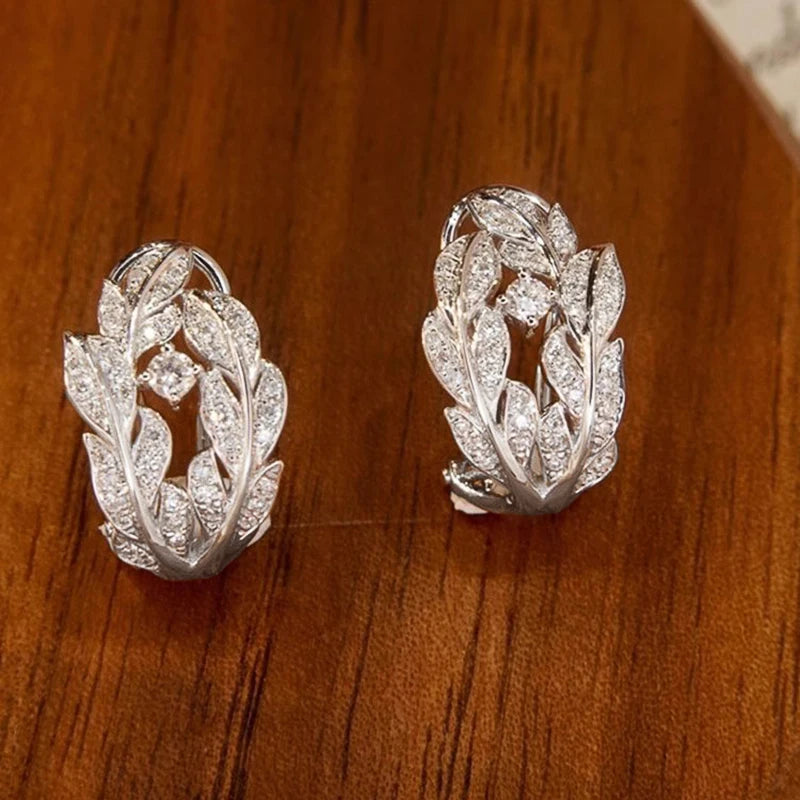 Silver Color Leaf Earrings for Women Full Dazzling Cubic Zirconia Jewelry