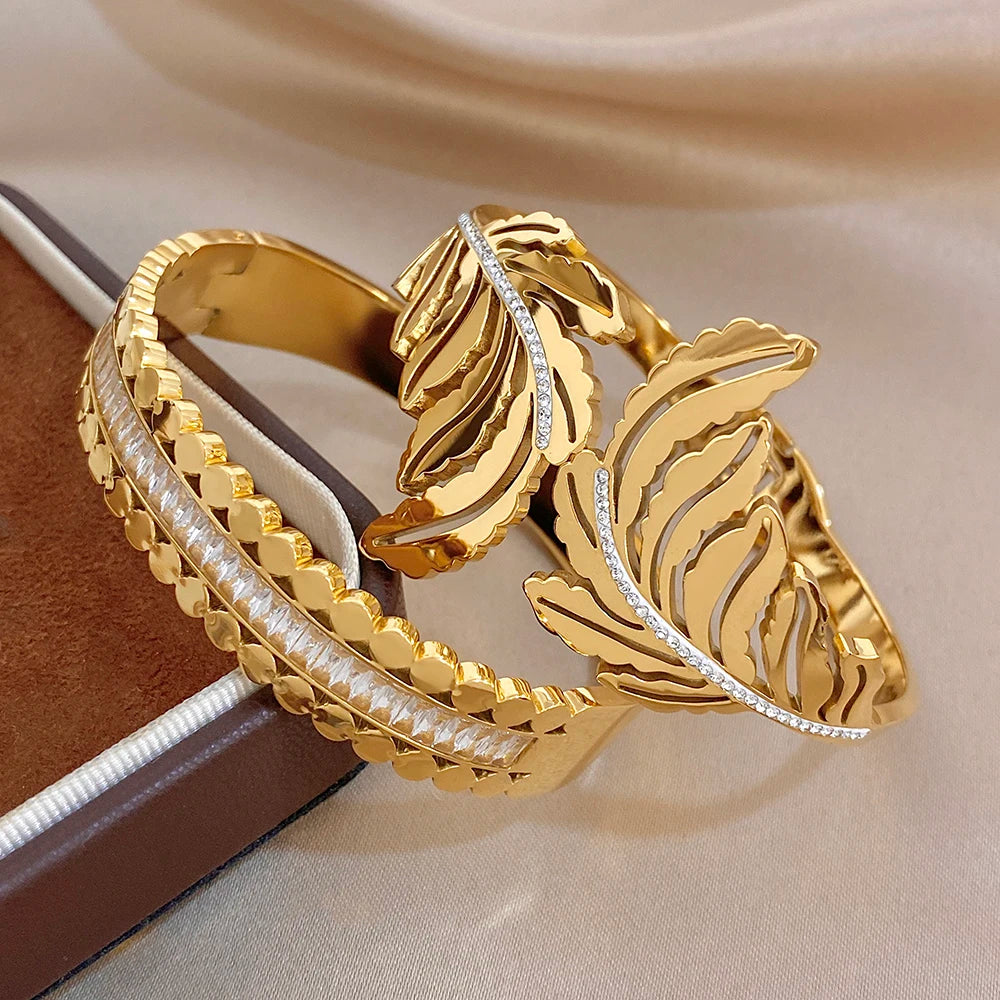 Chunky Gold Plated Stainless Steel Cuff Bangle for Women Men Glossy Leaf Feather Zircon Wide Bangle Bracelets Waterproof Jewelry