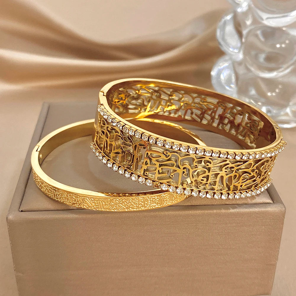 Retro Gold Plated Stainless Steel Cuff Bangle for Women Unique Zircon Geometric Textured Stackable Bracelets Waterproof Jewelry