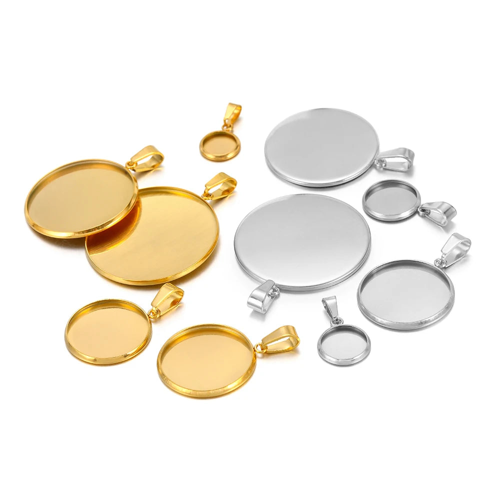 Round cabochon bezel settings, mixed gold and silver tone, 10pcs with round trays