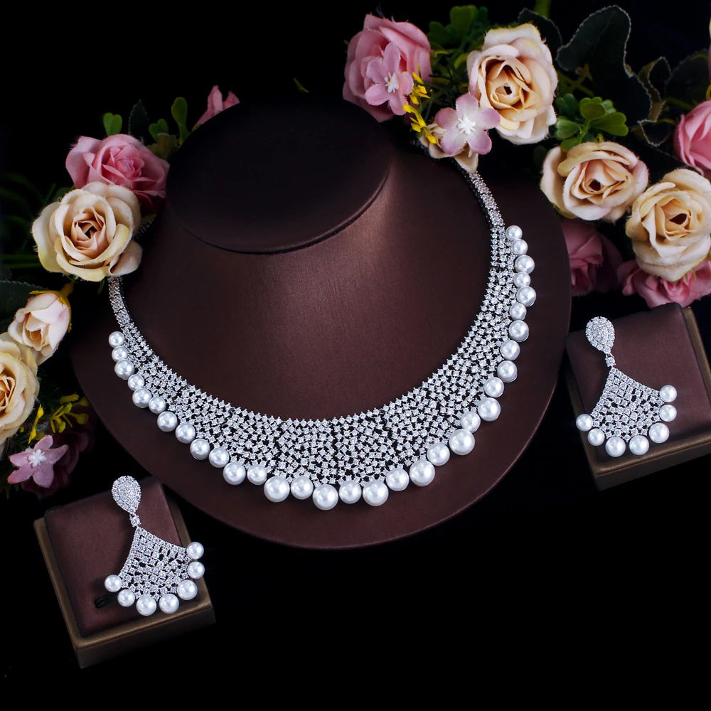 Luxury Handmade Cubic Zirconia Pave Chunky Jewelry Sets for Women Wedding Bridal Pearl Necklace