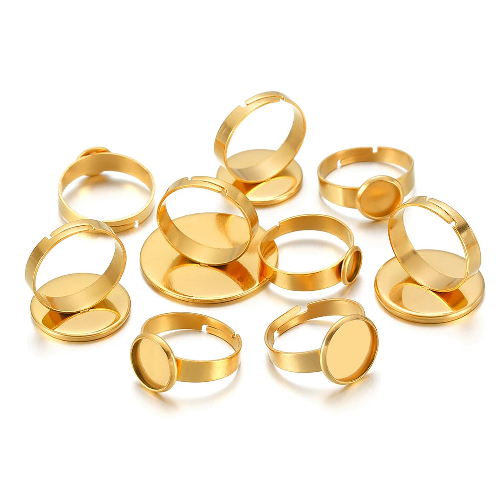 Gold round cabochon ring bezel settings, adjustable open-back blanks, assorted sizes