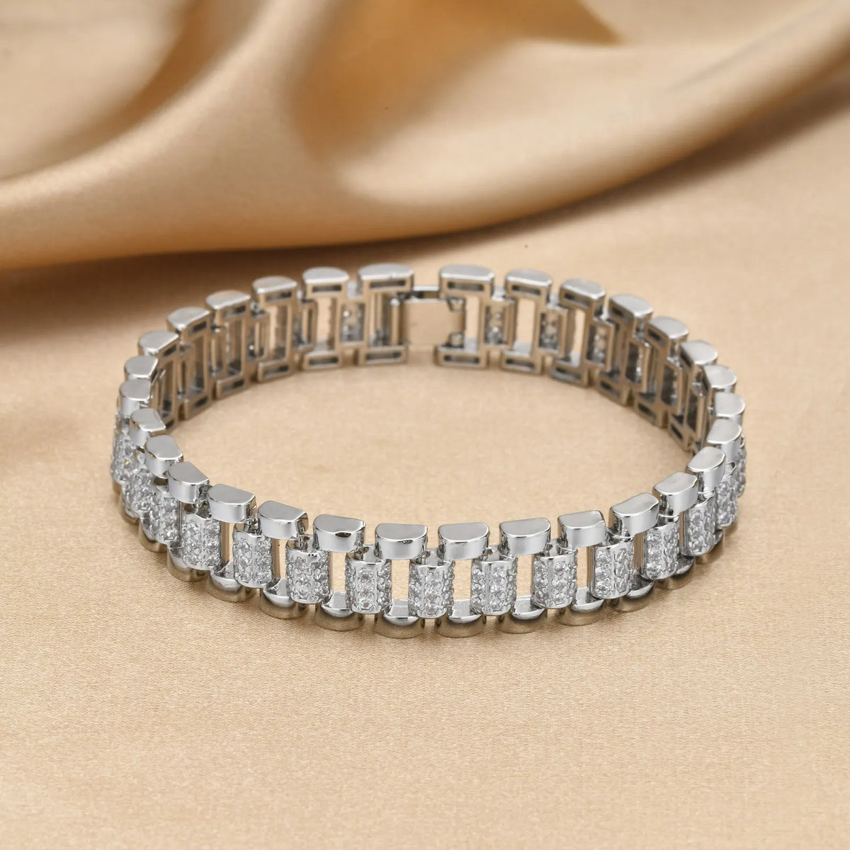 Silver-tone cubic zirconia link bracelet with evenly spaced rectangular sparkle stones