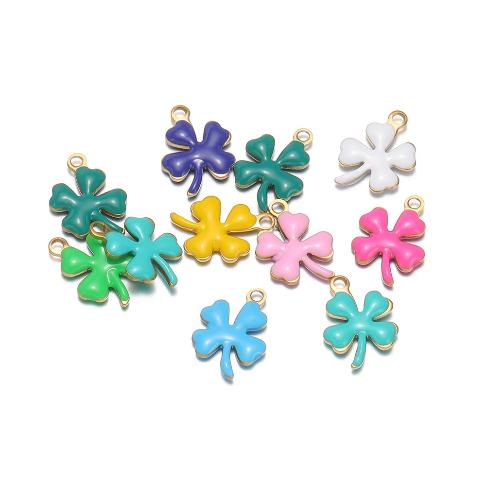 Mixed-color enamel clover flower charms with gold-tone loops for DIY jewelry