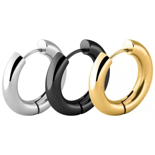 Glossy oval hoop earrings in gold, silver, and black stainless steel