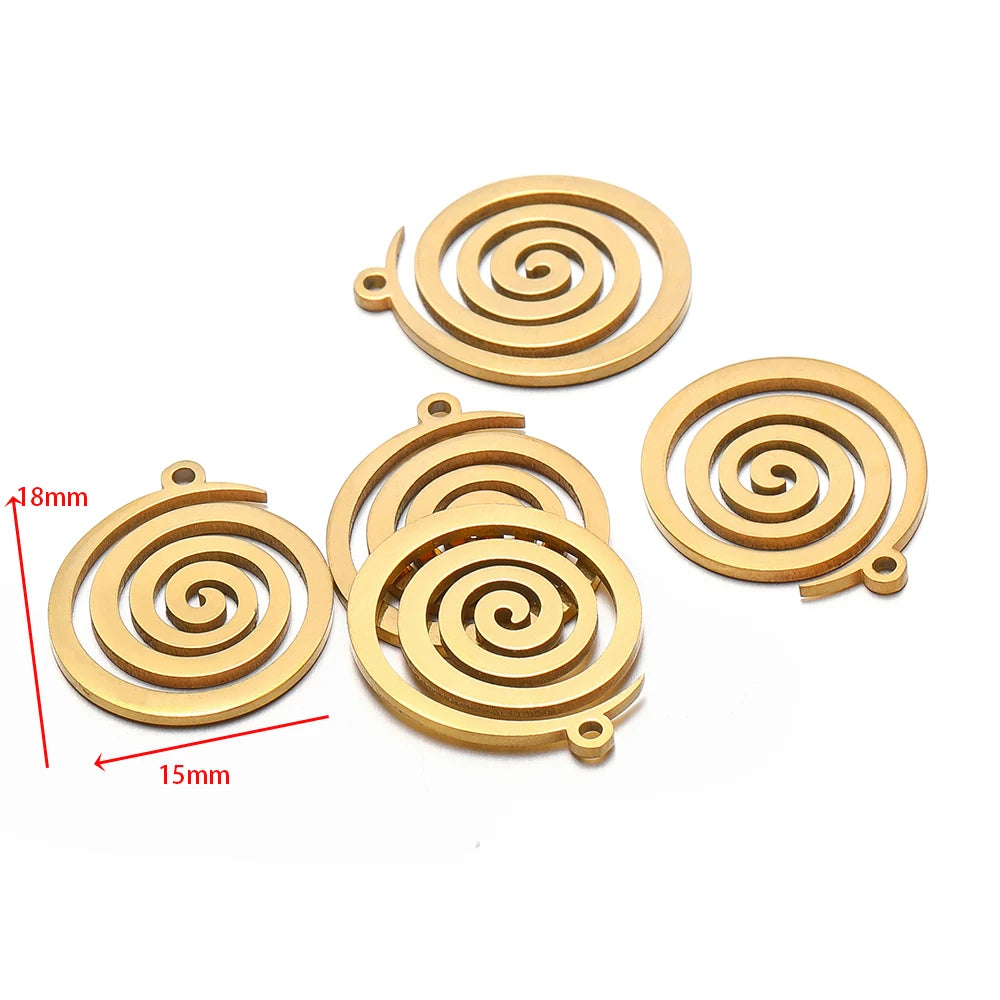 Gold spiral round charm pendants with top loop bail, swirl design, multiple sizes