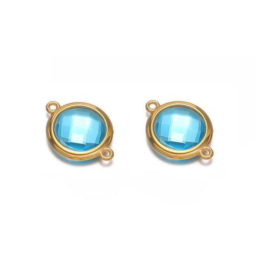 Round faceted glass earring charms in blue with gold-tone metal loops (pair)