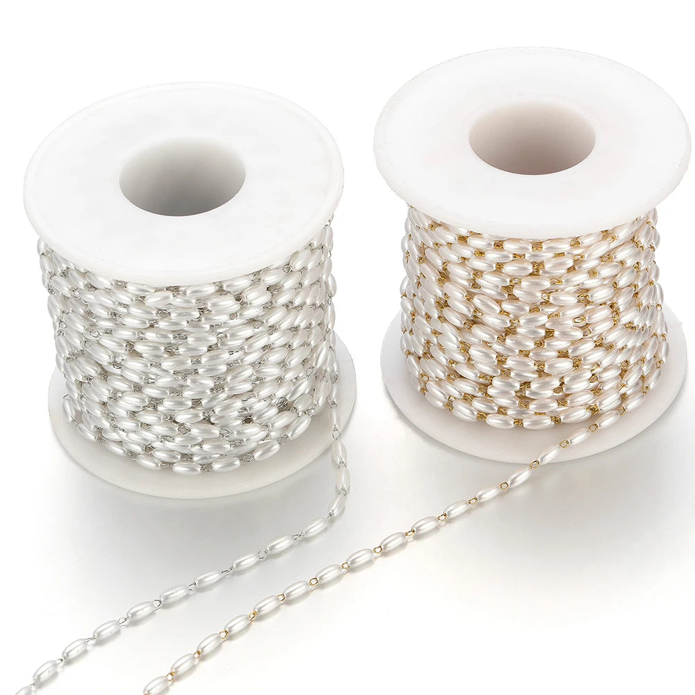 Two pearl bead chain spools: silver-tone and gold-tone links with white oval beads