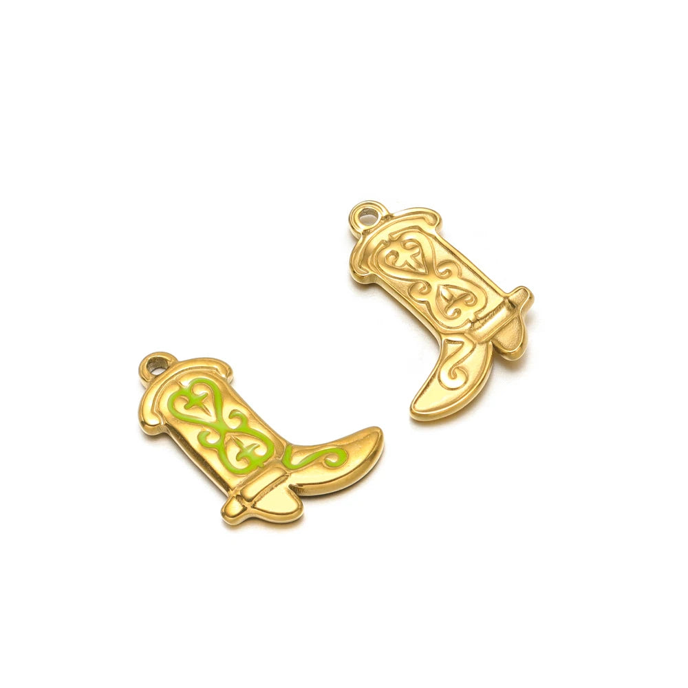 Set of two enamel boot charms, gold-tone; one green enamel, one gold