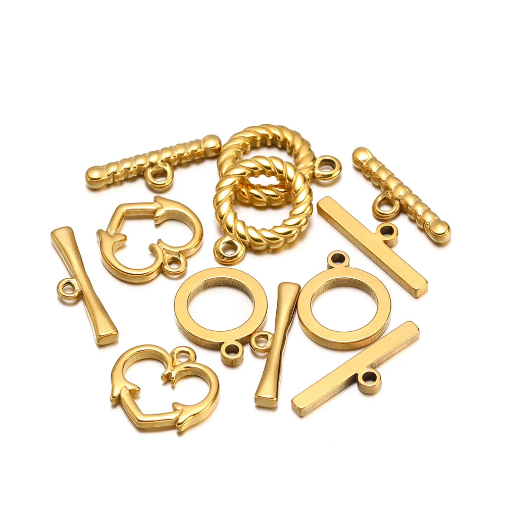 Gold toggle clasp and connector set with chain loops, rings, and bar fasteners