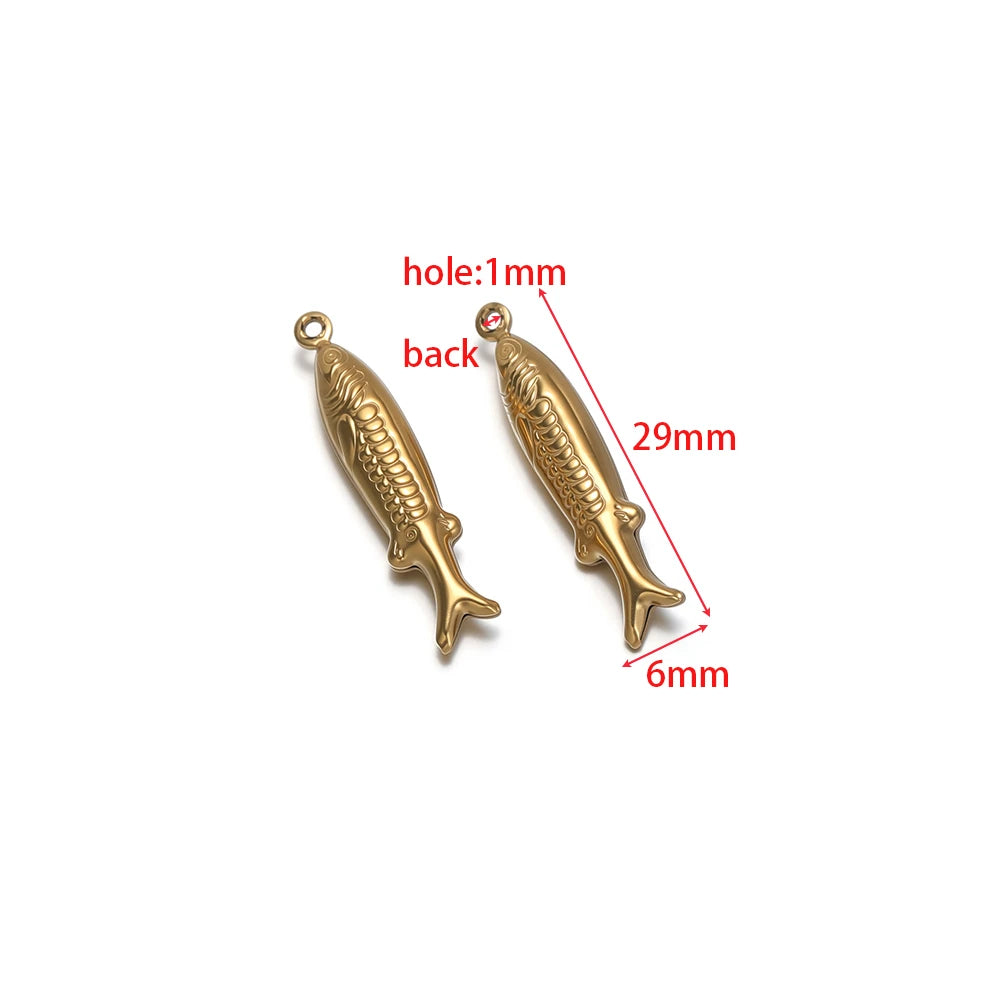 Gold dolphin-shaped stainless steel hollow charm with round loop, for jewelry making